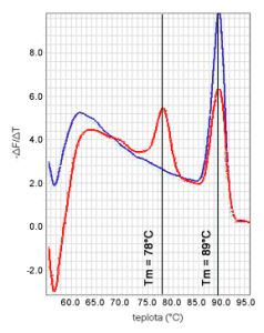 Analýza krivky topenia vo dvoch vzorkách (teplota topenia nešpecifického (78°C) a špecifického PCR produktu (89°C))